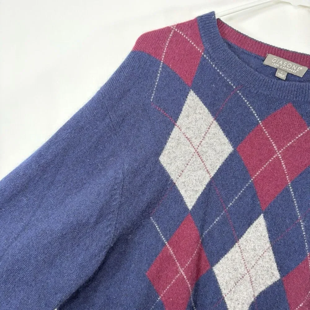 Giasone 100% Cashmere Sweater Mens Size Large Blue Red Argyle Crewneck Pullover